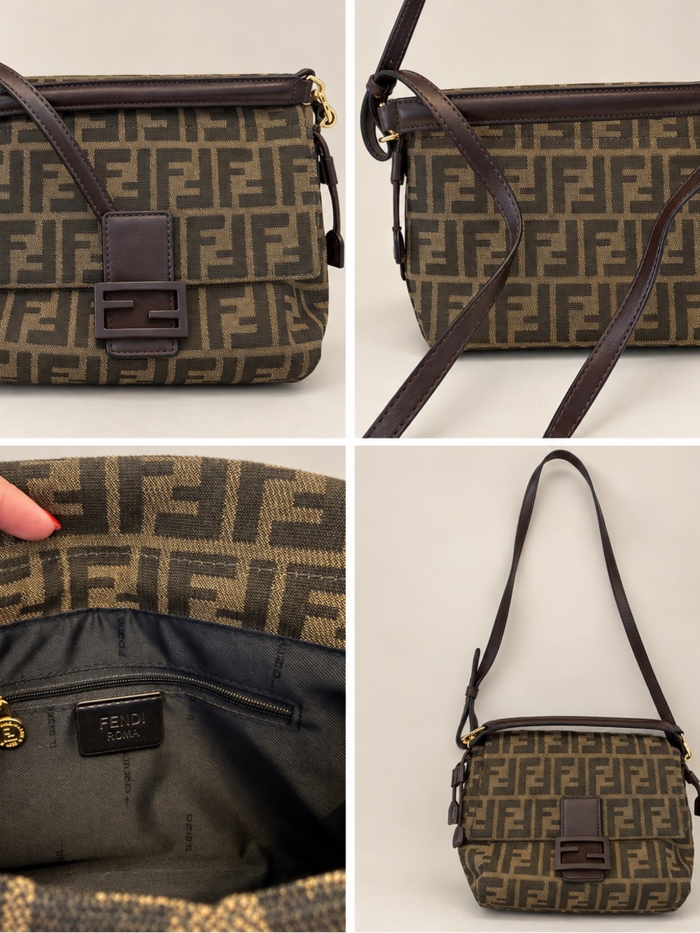 Fendi Brown Zucca Monogram Shoulder Bag with Dark Leather Trim
